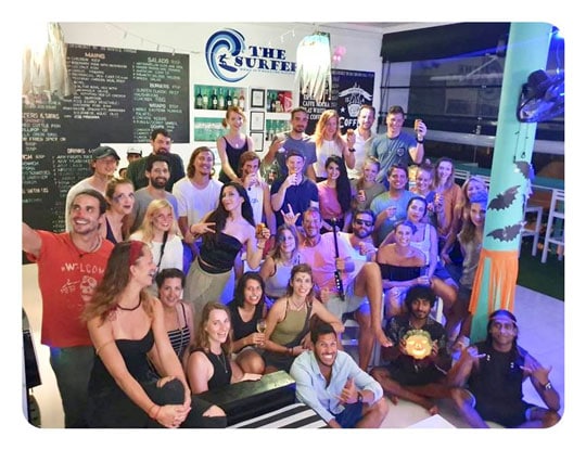 A group photo of the surf students at Sri Lanka surfer beach camp